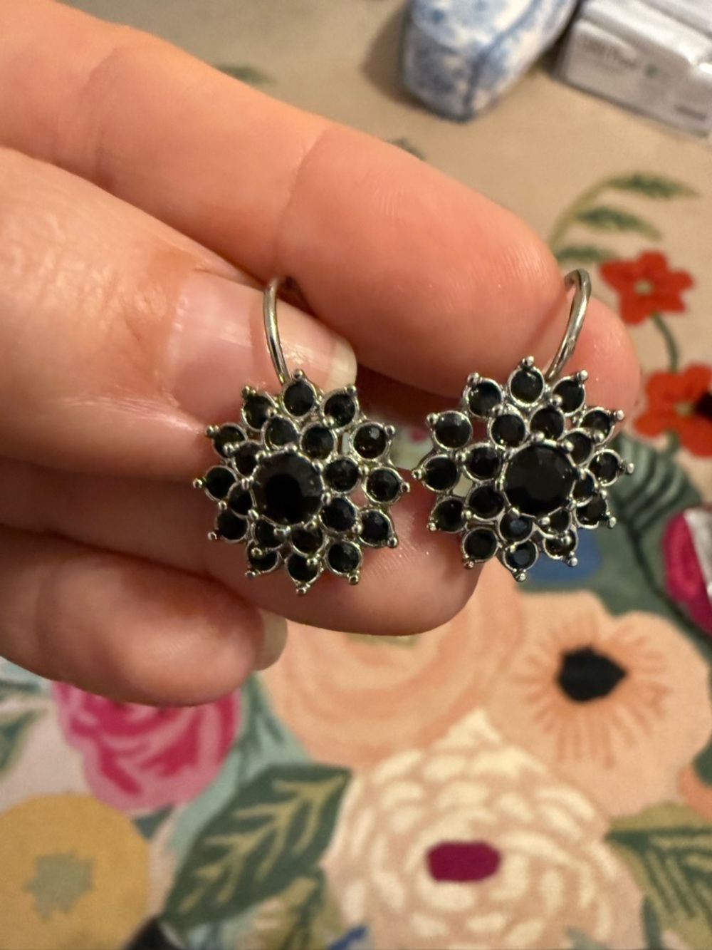 Sterling Silver Black Stone Floral Drop Earrings - Black